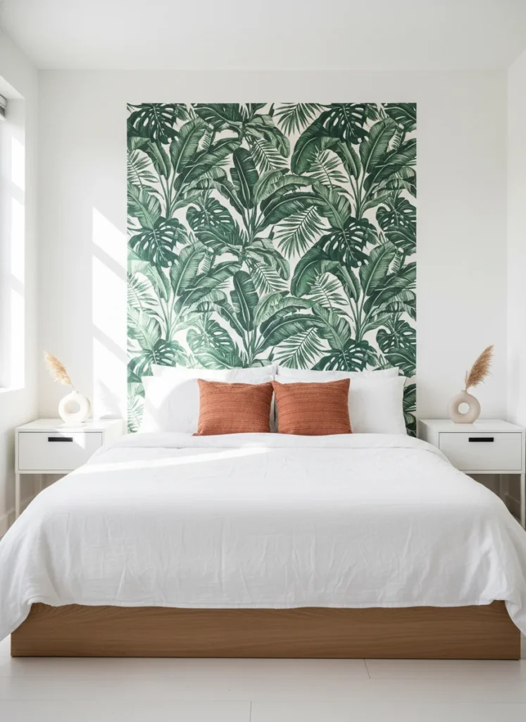 A Scandinavian-boho bedroom accent wall above the bed created with removable peel-and-stick wallpaper in a lush tropical leaf print, deep forest green and cream. The wallpapered panel is centered, slightly wider than the queen bed below. Clean white walls on either side. Minimal white nightstands, soft white bedding with terracotta throw pillows. Bright natural morning light, interior design photography.