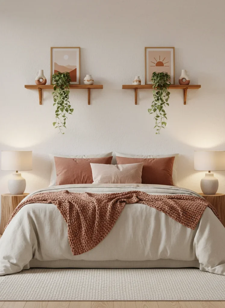 Two narrow floating shelves above a bed with no headboard, placed symmetrically on either side of center. Each shelf holds a small ceramic vase, a trailing pothos plant, and a small framed art print leaning casually. Warm wood shelves against a white wall. Soft terracotta and cream bedroom aesthetic. Bedside lamp glow, cozy warm-toned interior photography.