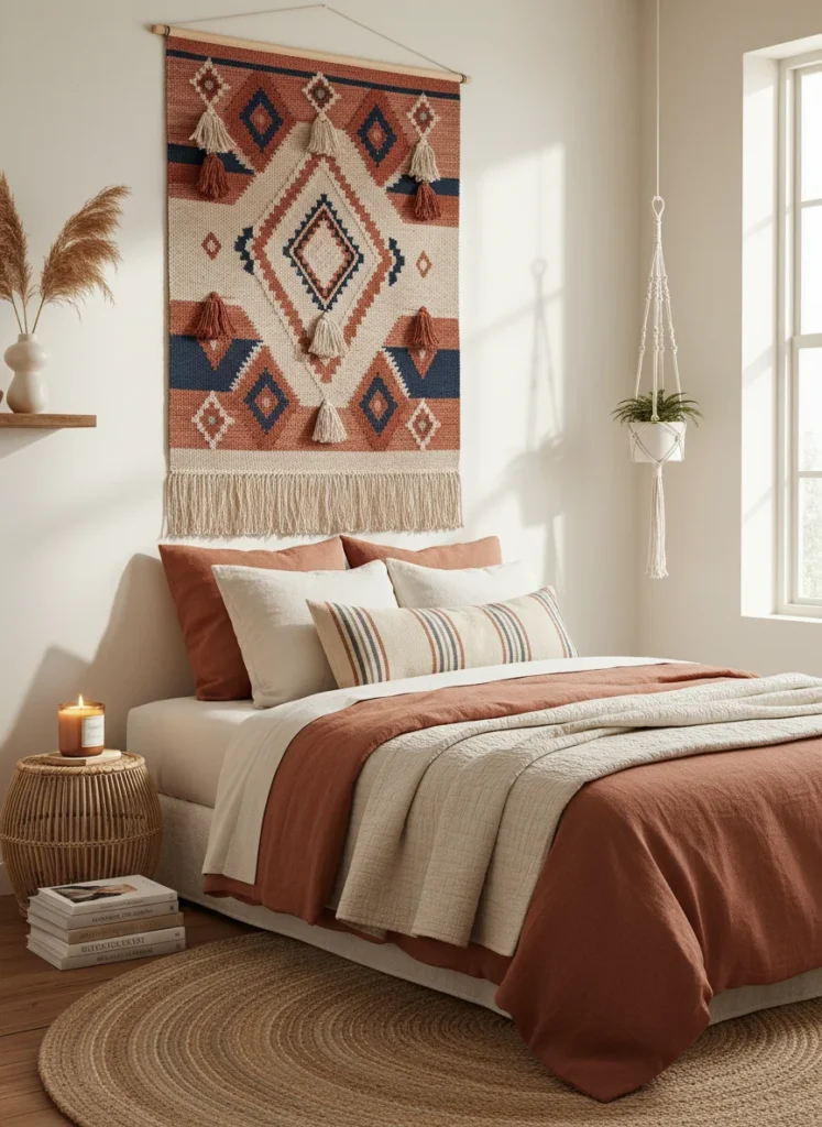 A boho bedroom without a headboard with a large woven tapestry hung above the queen bed. The tapestry features a geometric diamond pattern in rust, cream, and deep navy. It spans the width of the bed. Below, layered warm-toned bedding in rust and natural cotton. A small rattan nightstand with a lit amber candle. Warm mood lighting, boho bedroom interior photography.