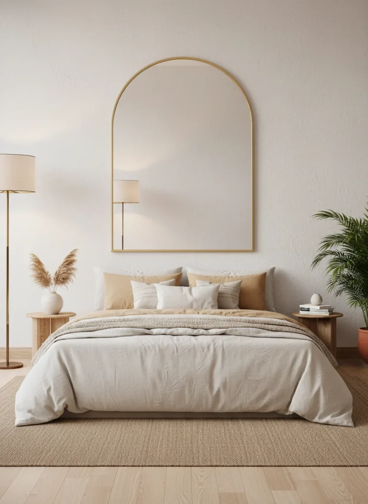 A modern organic bedroom with no headboard featuring a single large arched statement mirror hung centered above the bed. The mirror has a thin gold arch frame. It reflects warm light from a floor lamp and creates the illusion of a larger space. Queen bed with cream and warm white layered bedding. Minimal, airy bedroom interior photography.