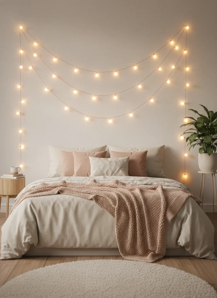 A cozy small bedroom with no headboard where warm fairy string lights are draped in a loose swooping pattern across the wall above the bed. Warm white Edison-style bulbs on thin copper wire. Fluffy cream and blush bedding with textured pillows below. The room is softly lit with the string lights as the primary source. Dreamy, warm editorial bedroom photography.