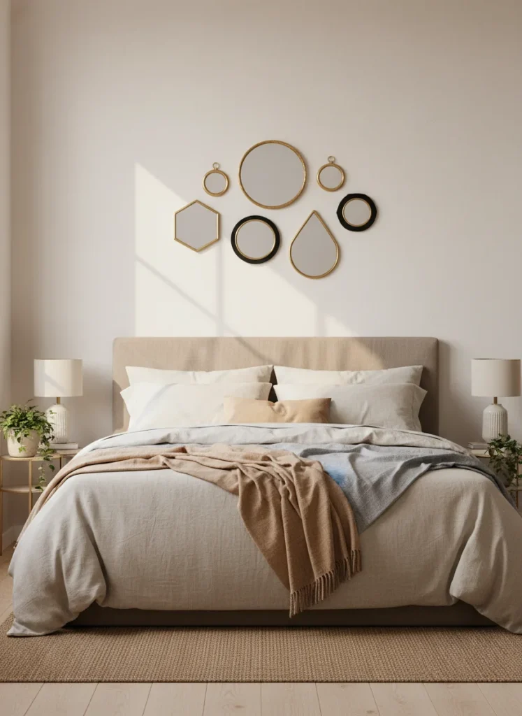 A bedroom wall above the bed decorated with a cluster of seven small decorative mirrors in different shapes: round, hexagonal, teardrop, and sunburst, some with brass frames, some matte black. Arranged in a loose cloud formation centered above a linen-bedded queen. Warm neutral bedroom aesthetic. Interior design editorial photo, natural light.