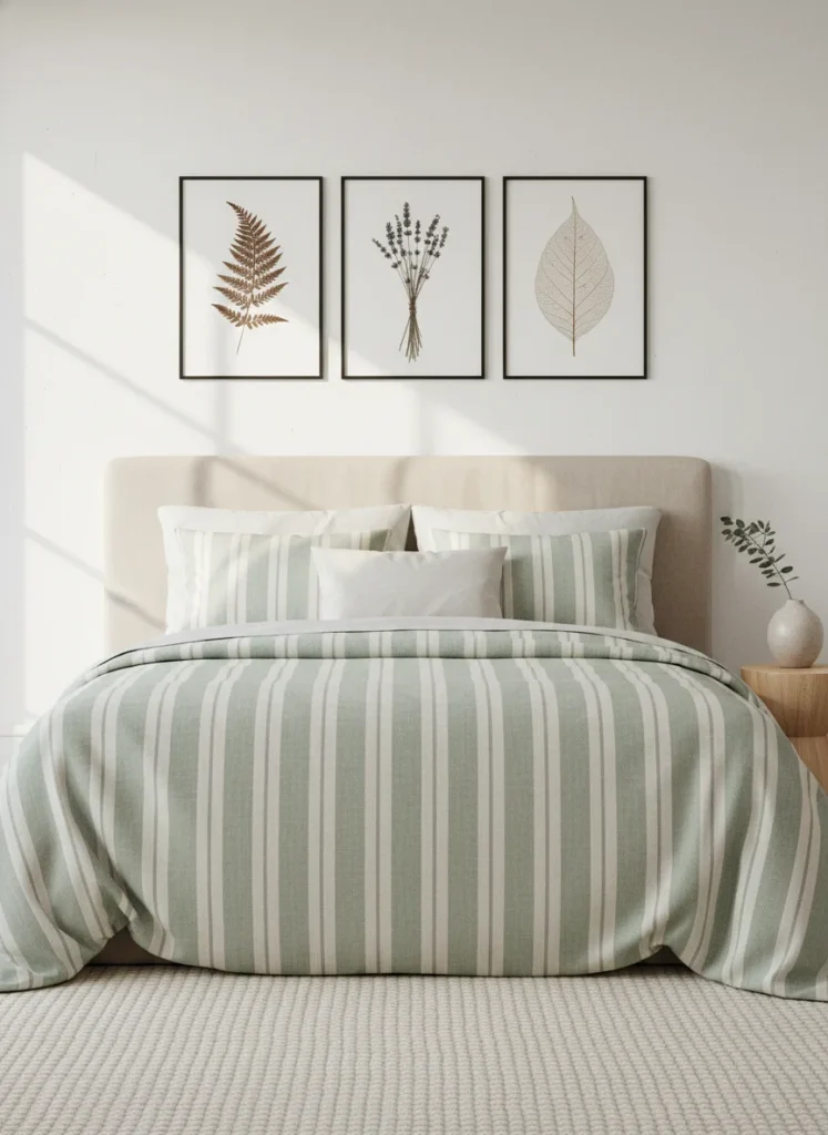 Three matching thin black frames grouped symmetrically above a queen bed, each containing a pressed botanical print: one dried fern, one dried lavender, one leaf skeleton. White matte backgrounds inside the frames. Clean lines, minimal and organic bedroom aesthetic. Warm natural light, white walls, linen bedding in pale sage and cream.