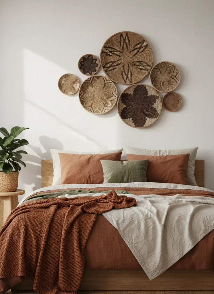 A bedroom wall above the bed decorated with five woven seagrass and rattan baskets in different sizes arranged in a cluster. The baskets have natural tan, cream, and dark brown tones with subtle geometric weave patterns. Below, a warm-toned bed with earthy bedding. Textured, boho-organic bedroom interior, warm lighting, styled editorial shot.