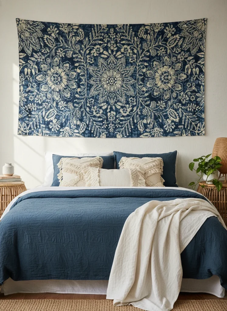 A boho bedroom wall above the bed with a large printed fabric panel or scarf pinned taut and flat to the wall using hidden push pins. The textile features a batik-style print in deep indigo blue and cream. The panel spans the width of the bed. Below, indigo and white bedding, rattan nightstand, small trailing plant. Warm bohemian bedroom interior photography.