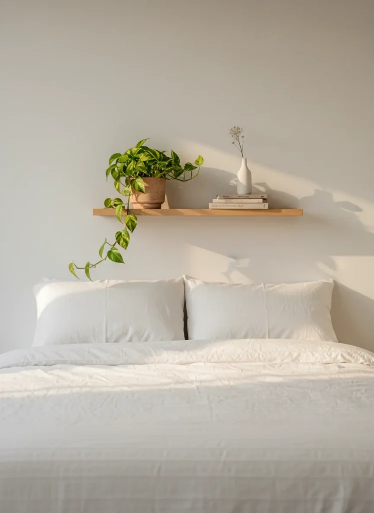 A minimal bedroom with no headboard featuring a single floating wooden shelf mounted centered above the bed. On the shelf sits a small terracotta pot with a trailing golden pothos plant, a single white ceramic bud vase, and a few stacked books. The plant trails down toward the pillows. White wall, warm morning light, minimal cozy bedroom.