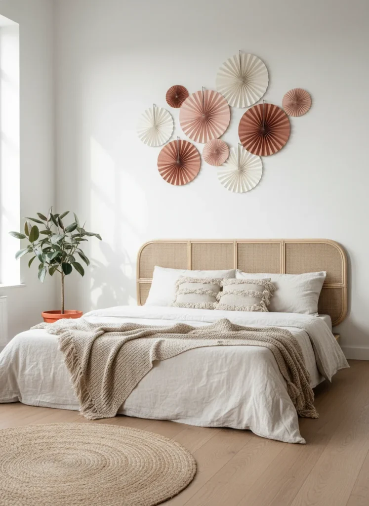 A playful minimalist bedroom wall above the bed decorated with seven paper fan wall art pieces in varying sizes. The paper fans are in blush pink, warm white, and dusty terracotta tones. They are arranged in a loose half-circle cluster centered above the bed. White walls, clean modern-boho bedroom aesthetic, soft natural light, lifestyle interior photo.
