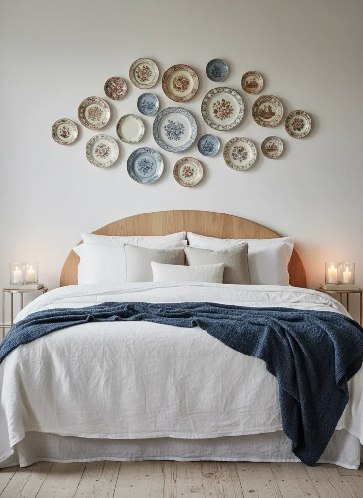  A cozy European-inspired bedroom wall above the bed decorated with a curated cluster of vintage decorative wall plates in cream, dusty blue, and terracotta tones. Mixed sizes and patterns: floral, geometric, and hand-painted. Hung in a casual, asymmetric arrangement. Below, a bed with layered white and blue linen bedding. Warm candlelit lighting, interior design photography.