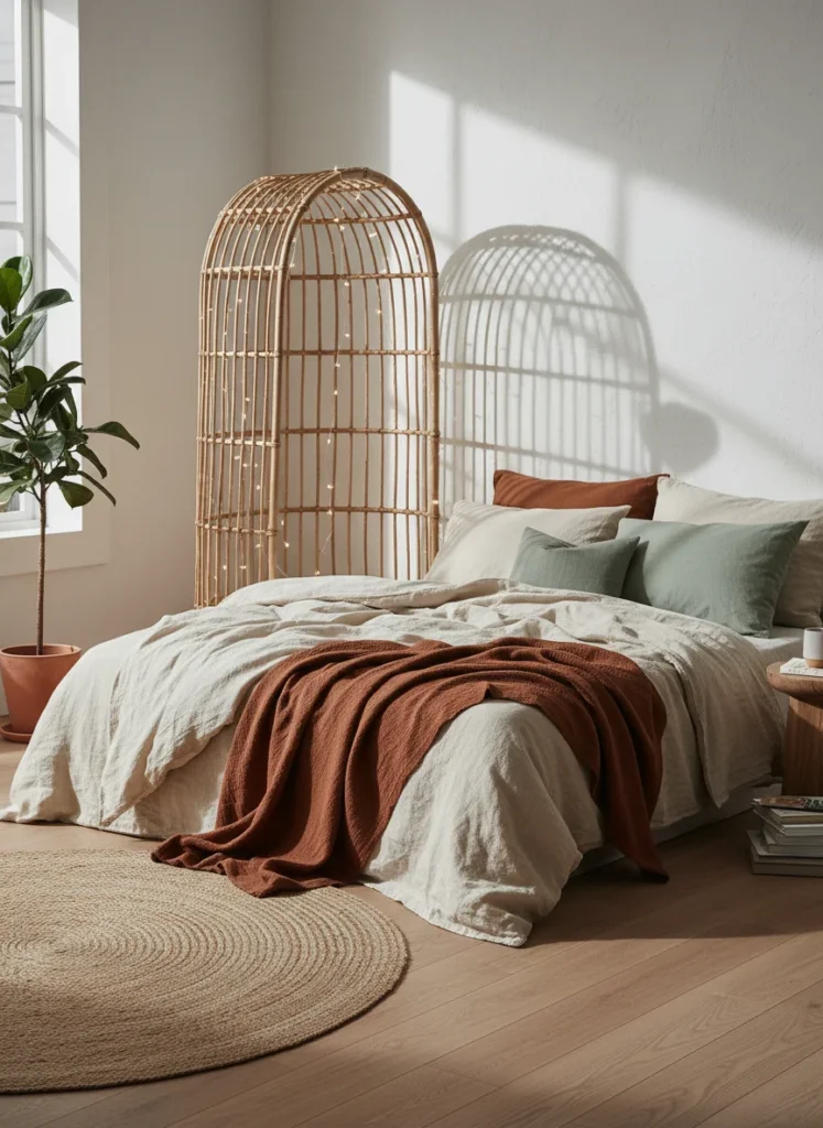  A boho-organic bedroom with no headboard featuring a tall freestanding rattan arch placed directly behind the bed, leaning slightly against the wall. The arch is natural tan rattan, about 6 feet tall. Fairy lights are woven through it. Linen and earthy-toned bedding in cream, rust, and sage. Soft warm interior lighting, lifestyle bedroom photography.