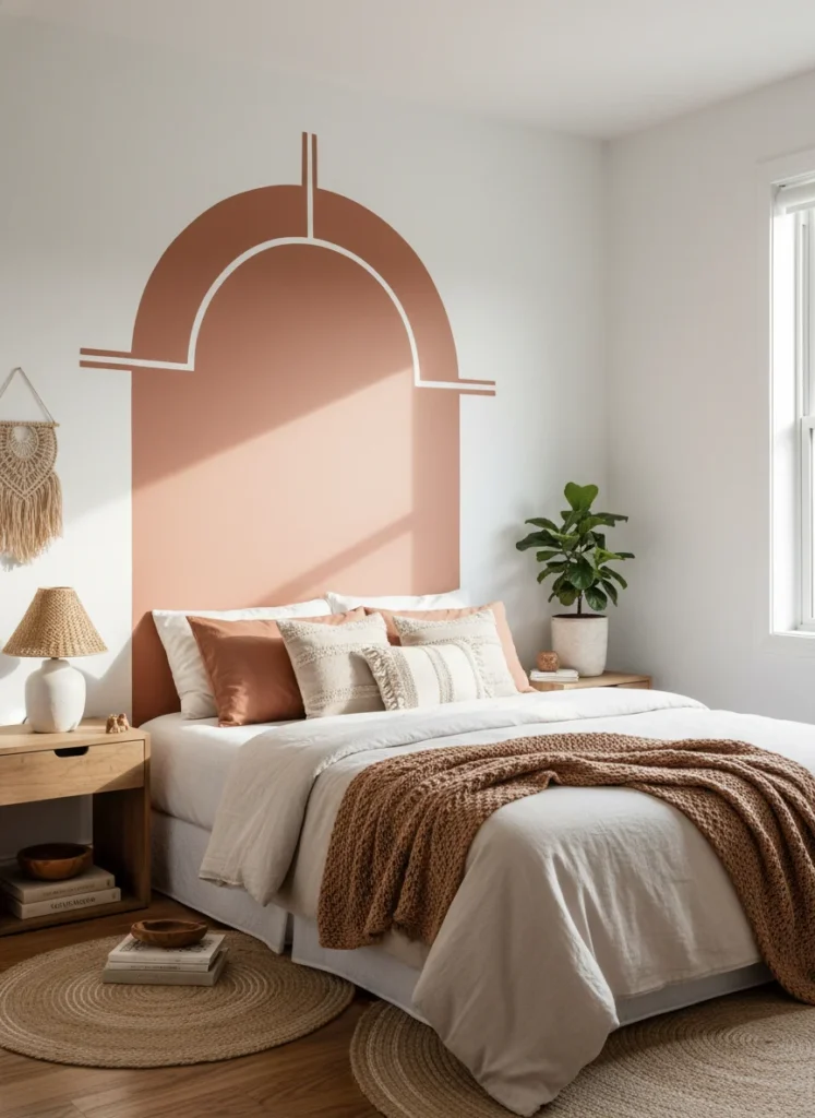 A bedroom wall above the bed with a hand-painted stenciled geometric arch design in warm dusty terracotta paint directly on a white wall. The arch shape frames the bed visually. The lines are clean and deliberate. Below, a bed with cream and terracotta bedding, warm earthy accessories. Modern boho bedroom interior photography, afternoon natural light.