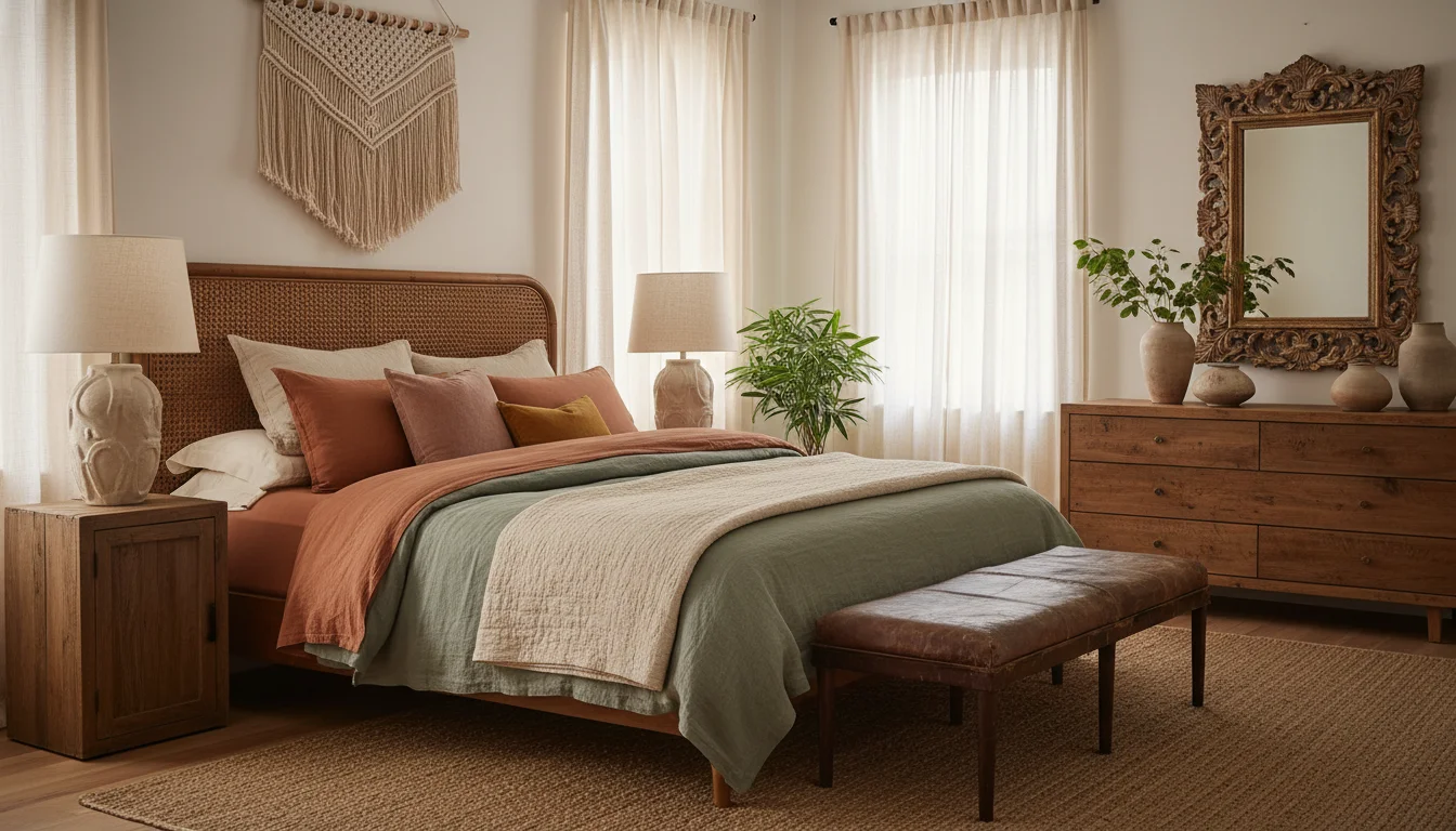 A warmly lit, richly layered bedroom styled in the Anthropologie aesthetic. Terracotta, sage, and cream palette. Rattan headboard, velvet throw pillows in dusty rose and ochre, layered linen bedding, a chunky ceramic table lamp, an ornate carved wood mirror on the wall, a cluster of mismatched ceramic vases on the dresser, a woven macrame wall hanging, and a worn leather bench at the foot of the bed. Soft natural morning light through sheer curtains. Editorial interior photography, collected and curated feel.