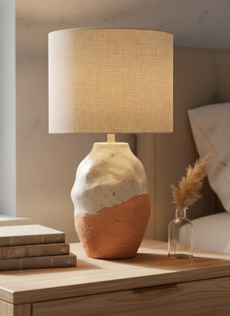 A chunky organic ceramic table lamp with an irregular, hand-thrown silhouette in warm terracotta and matte cream glaze, paired with a simple natural linen drum shade. Sitting on a wooden nightstand with a stack of books and a small sprig of dried pampas grass in a bud vase. Warm amber light glowing through the shade. Close-up editorial interior photography, cozy and curated.