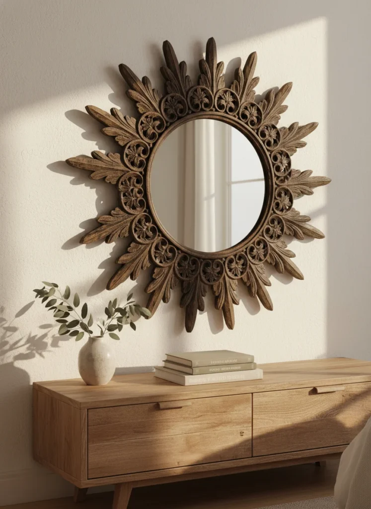 A carved dark wood sunburst mirror with ornate frame detail leaning against a warm white bedroom wall above a low wooden dresser. Styled with a small ceramic vase with dried eucalyptus and a stack of linen-covered books on the dresser surface. Warm afternoon light casting soft shadow patterns. Editorial interior photography, Anthropologie aesthetic, rich and layered.