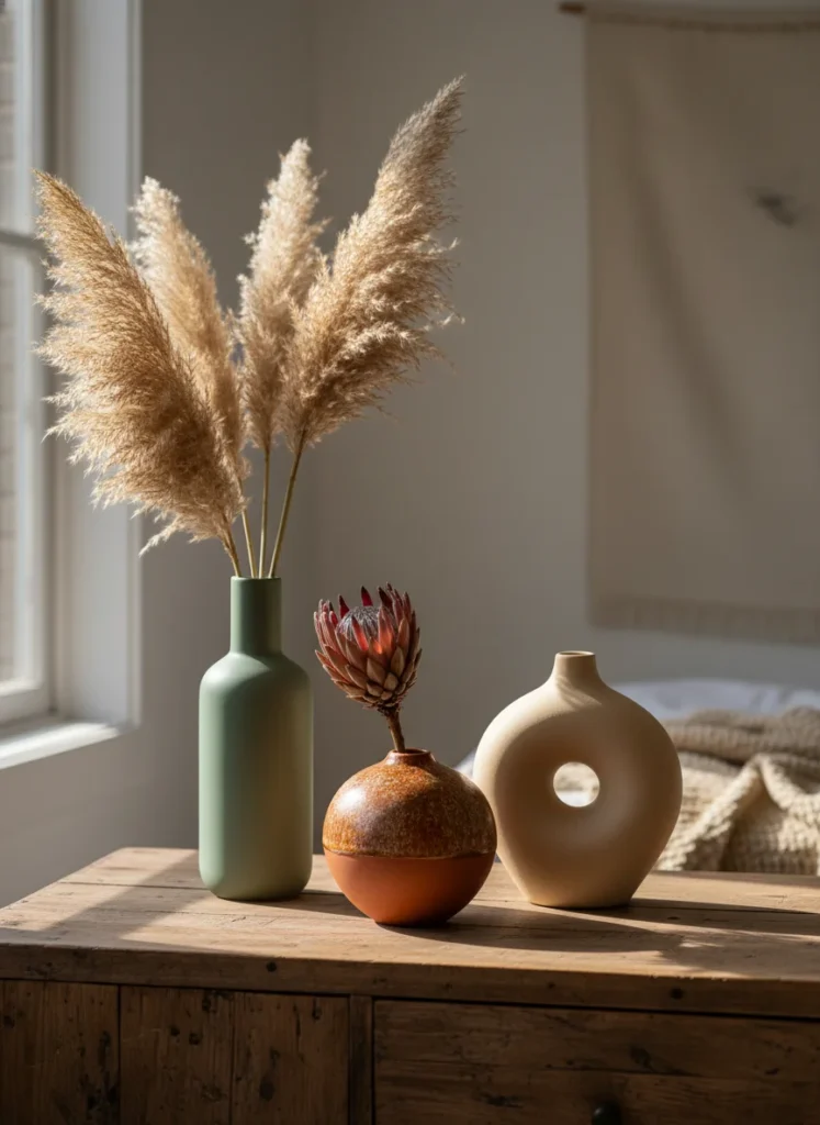A cluster of three mismatched ceramic vases arranged on a wooden dresser in varying heights. A tall narrow vase in matte sage green, a short round vase with an earthy terracotta speckled glaze, and a medium asymmetric vase in warm cream. One holds dried pampas grass, one holds a dried protea stem, one is left empty. Natural light, warm bedroom setting, editorial close-up interior photography.