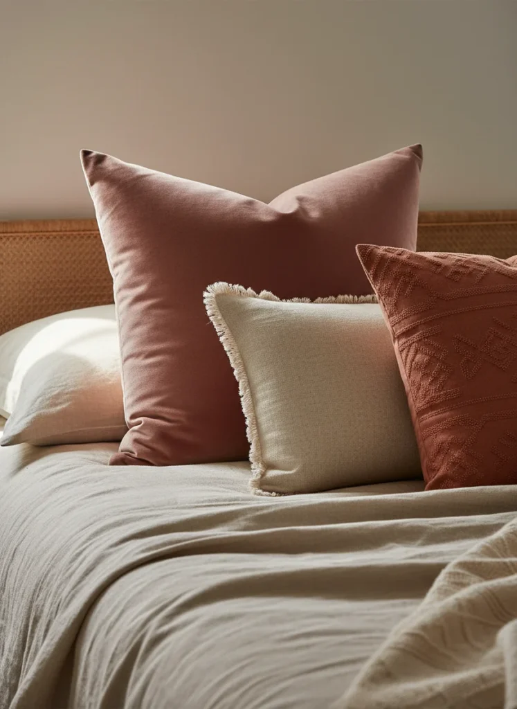  Close-up of layered throw pillows on a linen-covered bed in Anthropologie style. A deep dusty rose velvet pillow next to a cream linen lumbar pillow with subtle fringe trim, and a terracotta cotton pillow with a tonal embroidered pattern. Warm natural light. Soft, inviting, richly textured. Editorial interior photography, styled bedroom, collected aesthetic.