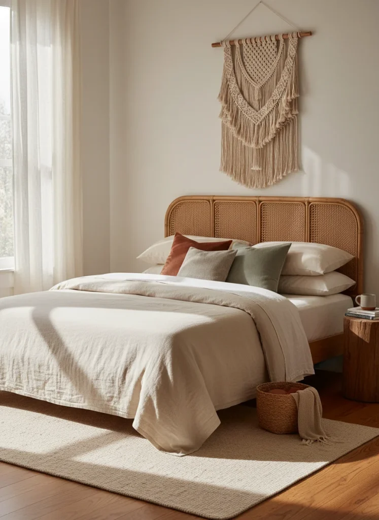  A natural rattan cane headboard behind a neatly made bed with cream linen bedding and layered terracotta and sage throw pillows. Warm white walls, soft morning light filtering through sheer curtains. A woven macrame wall hanging to one side. Simple, warm, and collected. Editorial interior photography in the Anthropologie aesthetic.