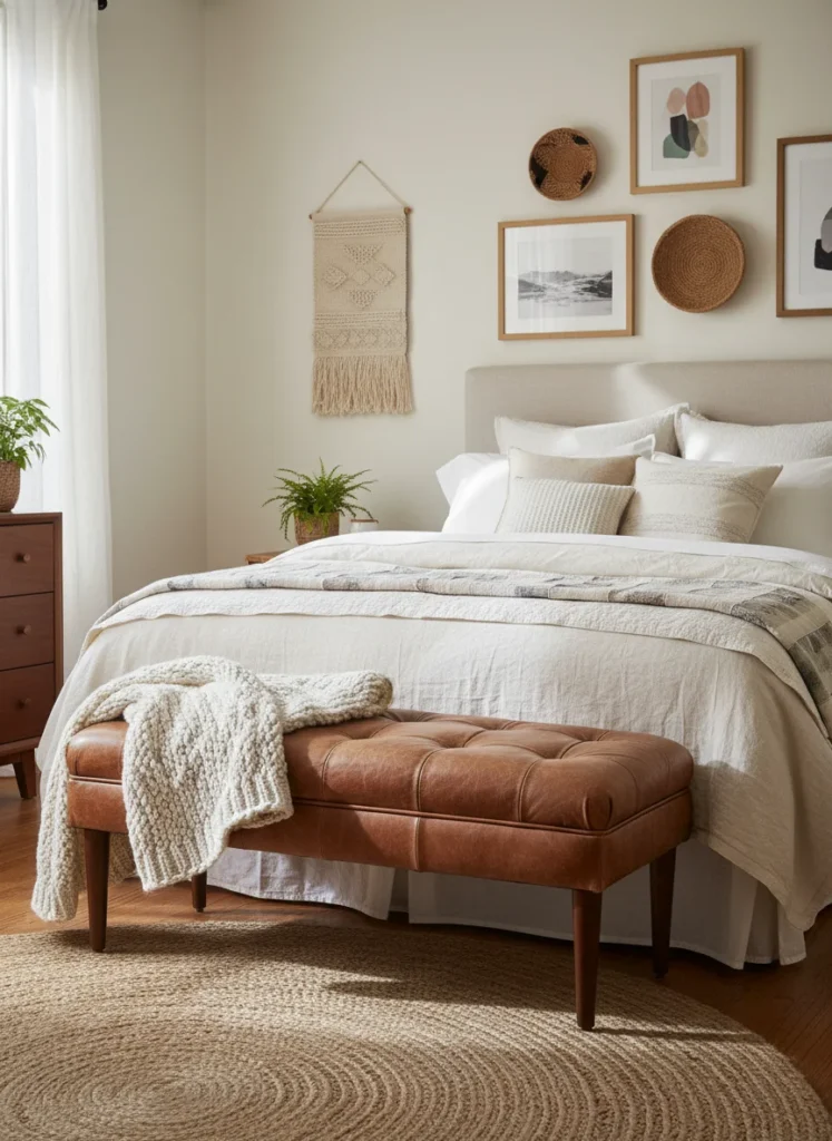  A small tufted worn cognac leather bench at the foot of a neatly made bed. A chunky knit throw blanket draped loosely over one end. The bedroom has warm cream walls and a layered textile aesthetic. Natural light from a window to the left. Editorial interior photography, Anthropologie-style collected bedroom, warm and lived-in.