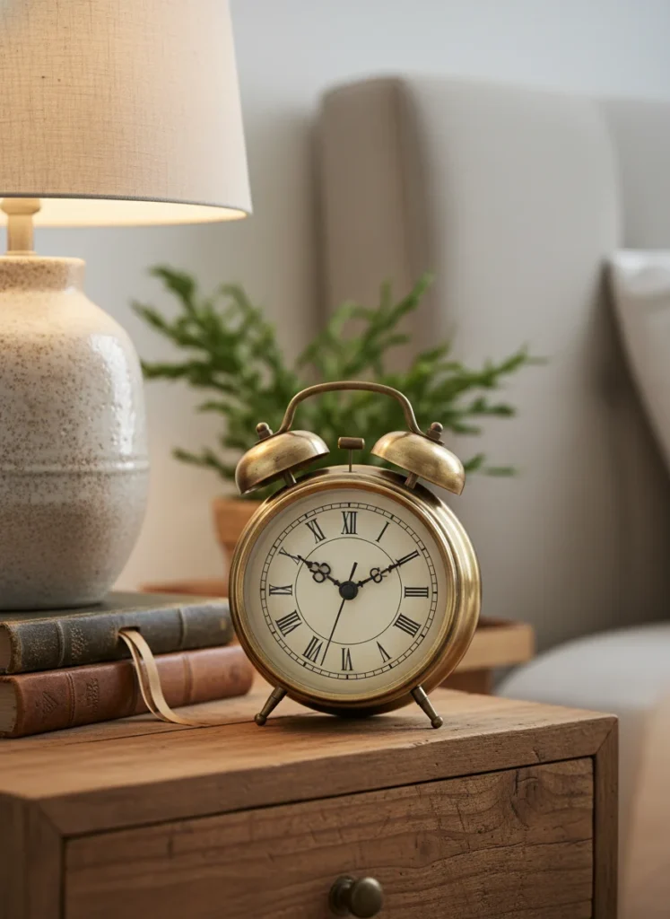 A small vintage-style round analog clock with a brass case and cream face sitting on a wooden nightstand next to a ceramic lamp and a small stack of books. Close-up editorial interior photography. Warm lamplight. Collected, intentional nightstand styling in the Anthropologie bedroom aesthetic.