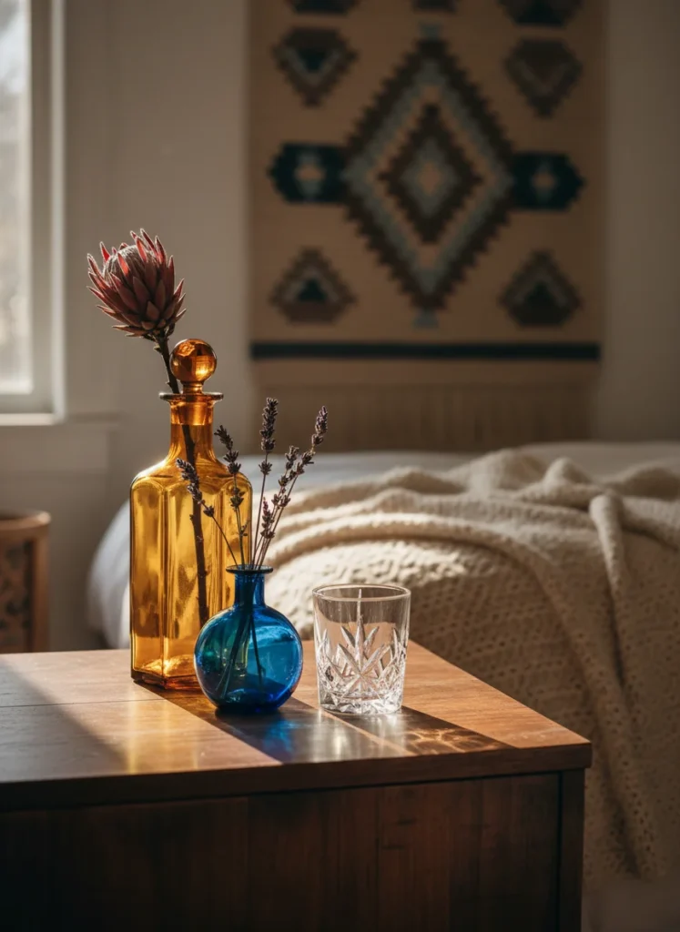 A styled dresser corner in a warm bedroom. A tall amber glass decanter with a stopper holding a single dried protea stem. Next to it, a small cobalt blue glass bottle used as a bud vase with dried lavender sprigs. A short clear cut-crystal glass sitting empty. Warm late afternoon light catching the glass and creating colored reflections on the wooden surface. Editorial interior photography, Anthropologie aesthetic, rich and textured.