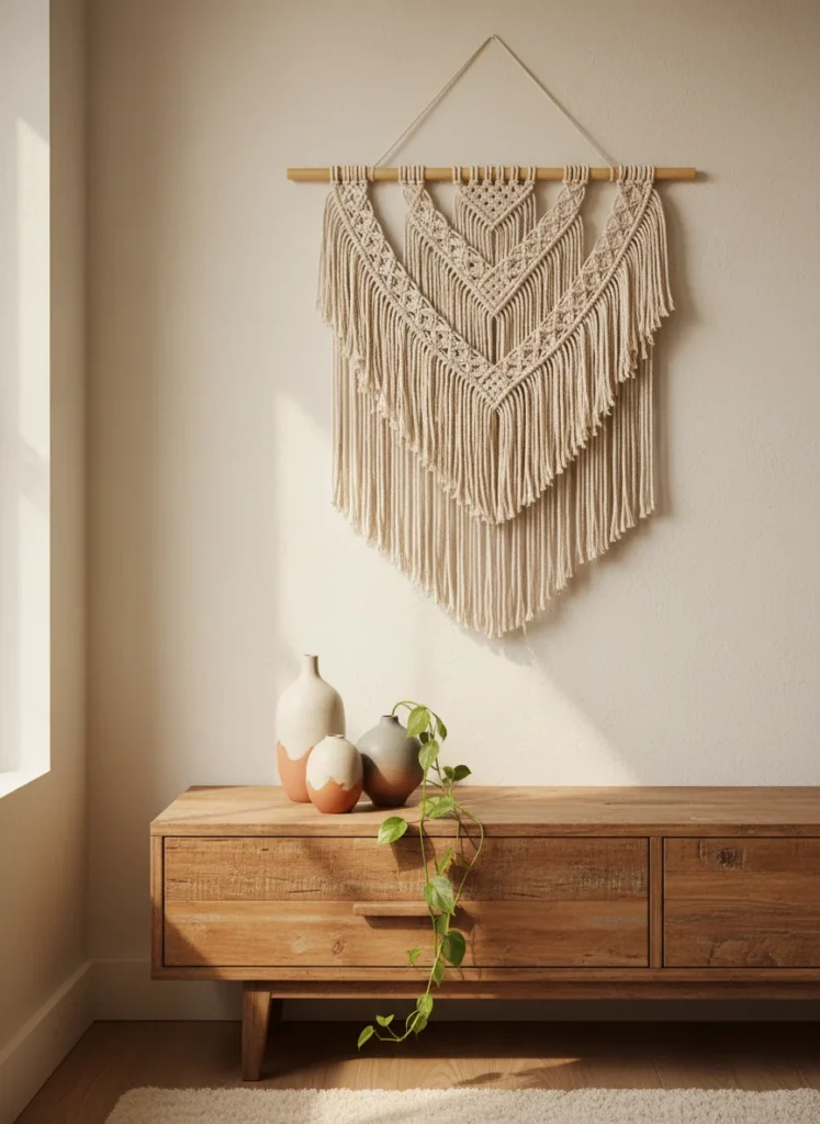 A natural fiber macrame wall hanging with layered fringe and woven geometric pattern hanging on a warm white bedroom wall. Boho and collected aesthetic. Below it, a low wooden dresser with a cluster of ceramic vases and a small trailing plant. Warm natural light. Editorial interior photography, Anthropologie bedroom style, texture-forward and calm.
