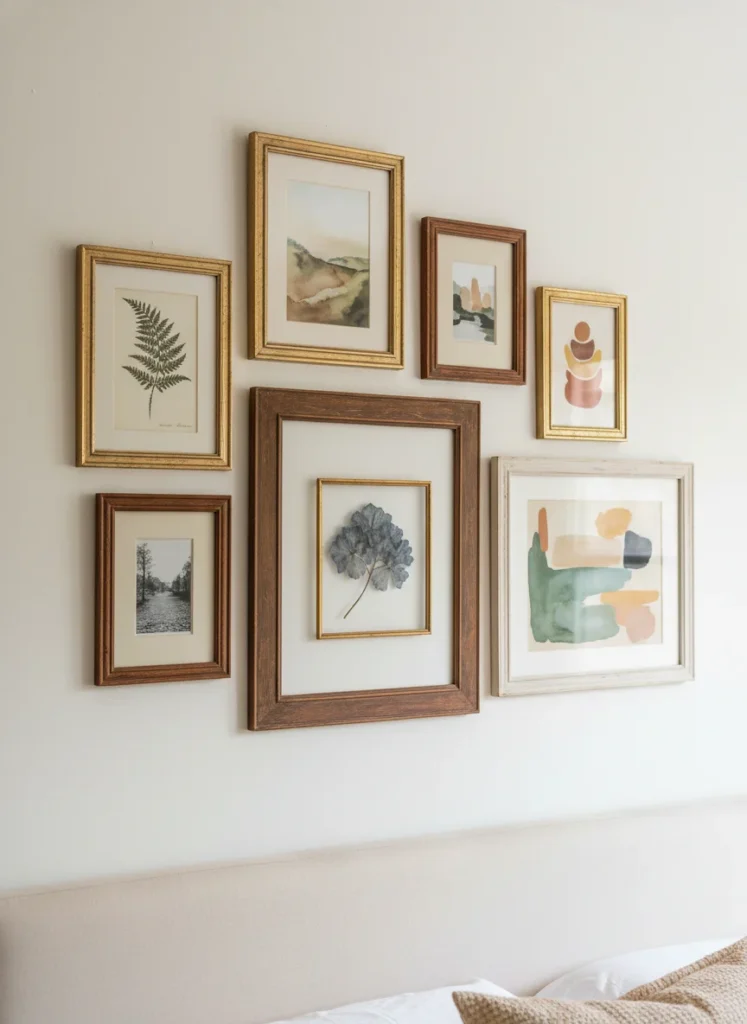  A bedroom gallery wall in the Anthropologie aesthetic with a collection of seven mismatched frames in coordinating warm tones: antique gold, dark wood, warm brass, and aged cream. Inside the frames: a vintage botanical print, a watercolor landscape, a black and white photograph, a dried pressed flower under glass, and two abstract art prints in terracotta and sage. Arranged asymmetrically on a warm white wall. Editorial interior photography, collected and intentional.