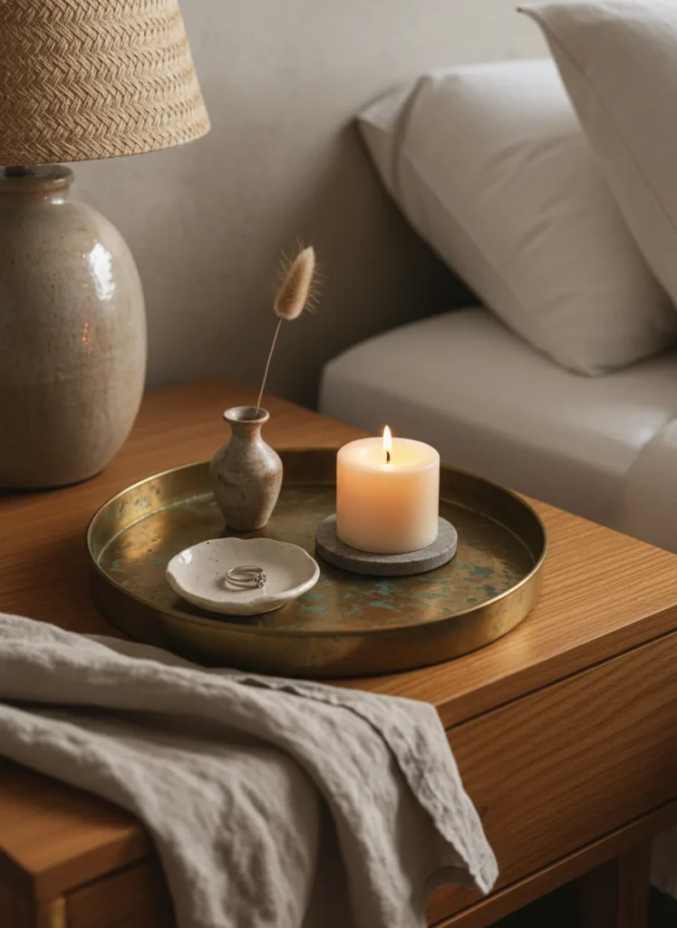 A close-up of a nightstand styling tray in aged brass with patina. On the tray: a small ceramic ring dish, a short pillar candle in warm ivory, a miniature ceramic vase with a single dried stem, and a folded linen cloth. The tray sits on a warm wooden nightstand next to a ceramic lamp. Warm ambient light. Editorial interior photography, Anthropologie nightstand styling, intentional and curated.