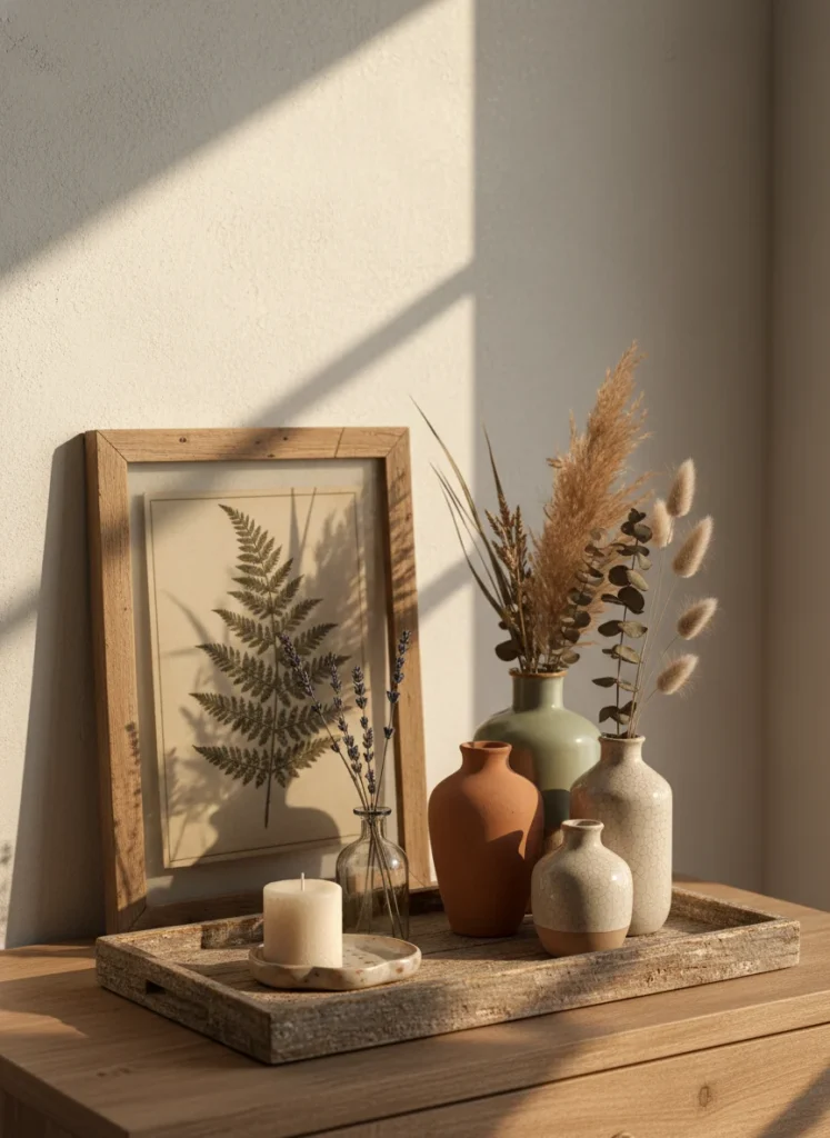 A styled bedroom dresser top in the Anthropologie aesthetic. A worn wooden tray holding a small ivory pillar candle, a ceramic ring dish, and a bud vase with dried lavender. Beside the tray: a cluster of three mismatched ceramic vases in terracotta, sage, and cream with dried botanical stems. A framed vintage botanical print leans against the wall behind. Warm afternoon light. Editorial interior photography, rich and layered.
