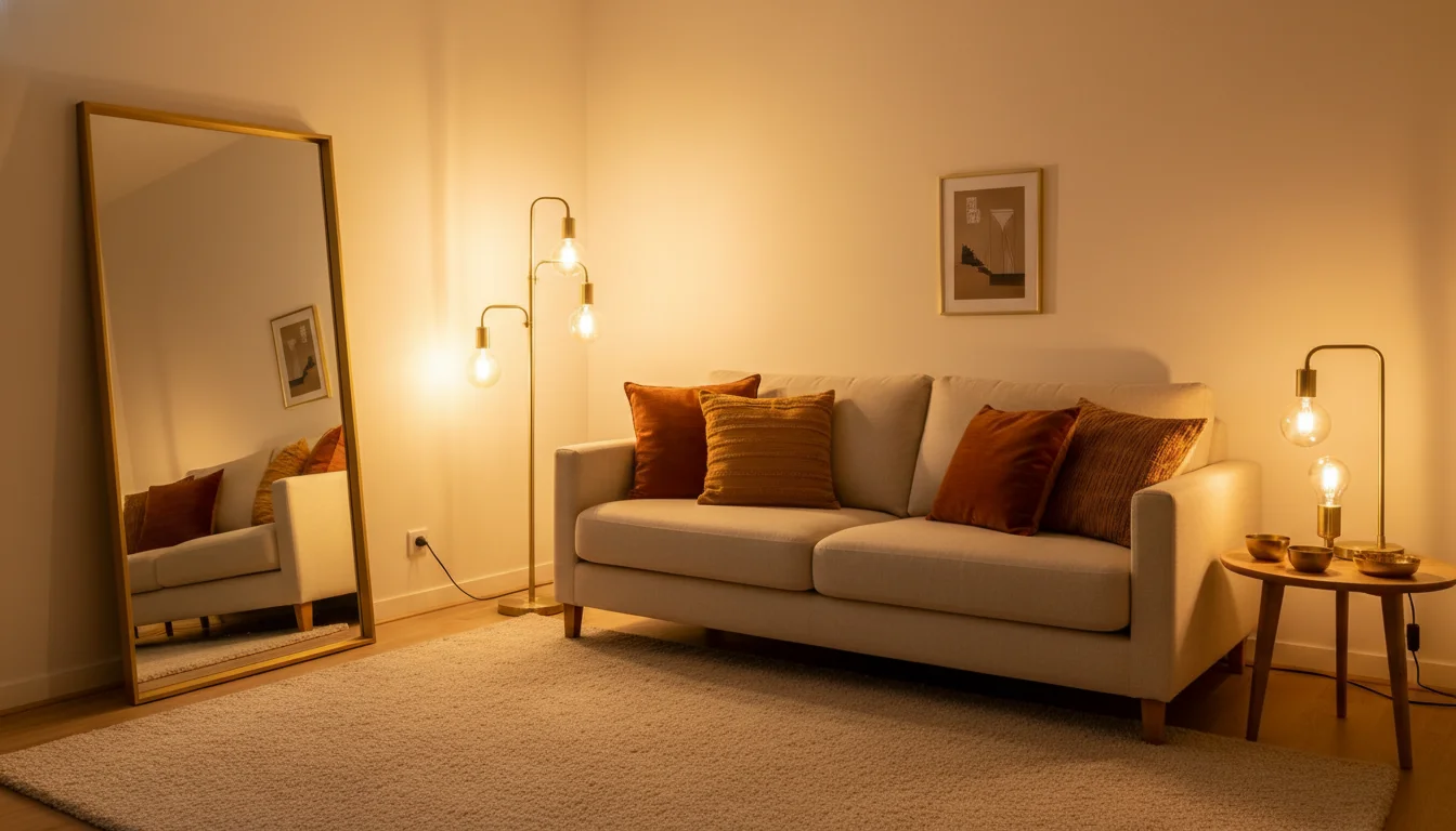 A small, warmly lit living room with no windows, styled to feel cozy and inviting. Cream walls, warm 2700K Edison bulbs in a tall arc floor lamp and two table lamps, a light beige low-pile area rug, brass accents, a large mirror leaning against the wall, and a cream sofa with warm-toned pillows. Interior photography, editorial style.