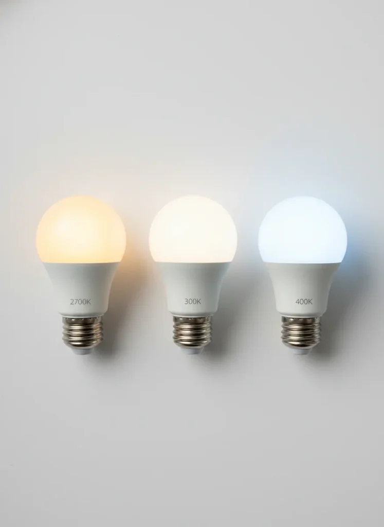 Close-up flatlay of three LED light bulbs side by side labeled 2700K, 3000K, and 4000K, showing the visible color temperature difference from warm amber-gold to cool blue-white. Clean product photography on white background with soft studio lighting.