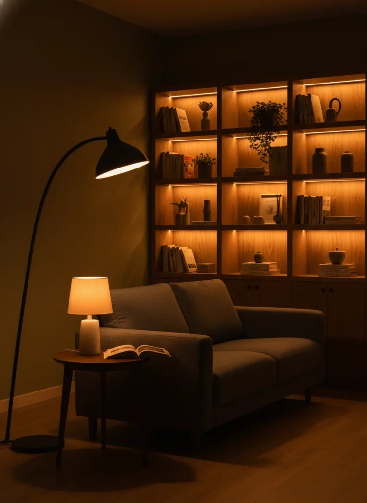 A small dark living room transformed by layered lighting: a tall arc floor lamp providing ambient light near the sofa, a small table lamp on a side table providing warm task lighting, and warm LED strip lights glowing behind a bookshelf as accent lighting. Cozy editorial interior photography, no windows, warm amber tones throughout.