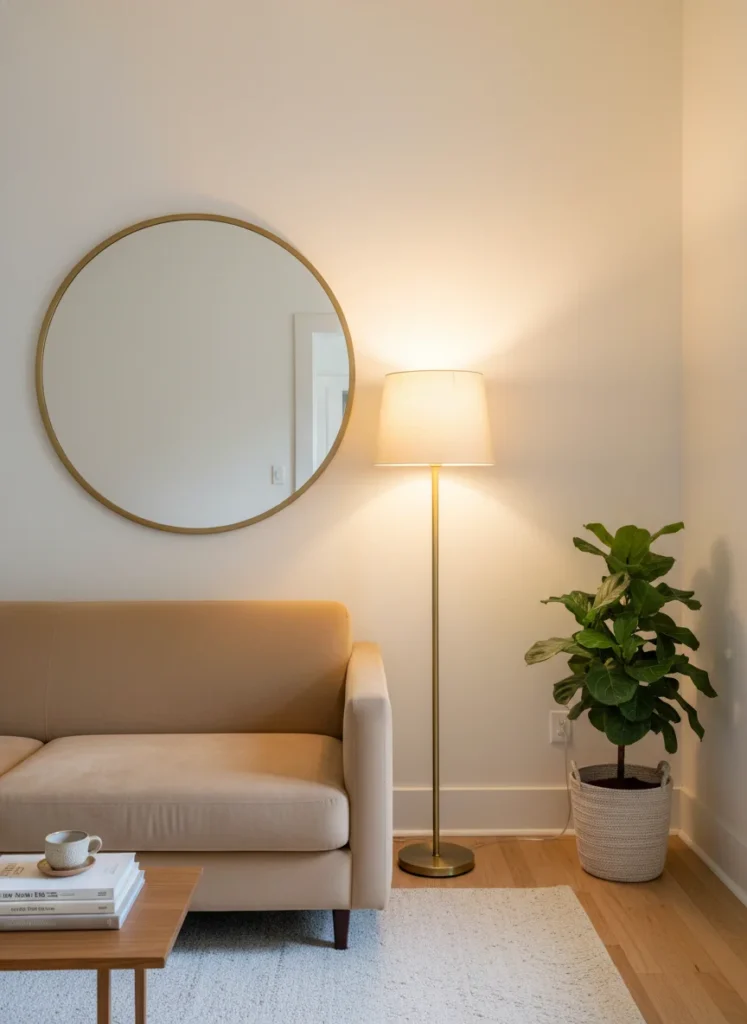 A small living room with no windows featuring a large round brass-framed mirror hung directly across from a tall warm-toned floor lamp. The mirror reflects the lamp's warm glow back into the room, creating the illusion of depth and additional light. Cream walls, warm beige sofa, editorial interior photography.