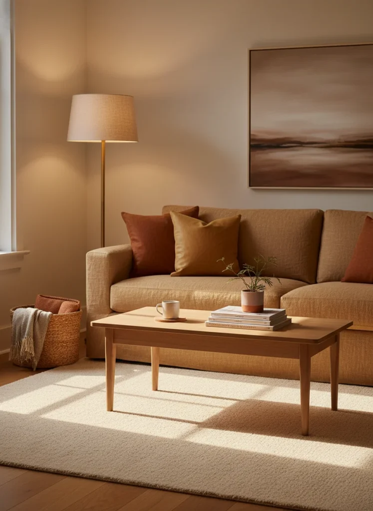 A small living room with a cream-colored low-pile area rug under a light wood coffee table. The rug reflects warm lamplight upward into the room. Sofa in warm linen, warm-toned throw pillows, 2700K floor lamp casting a golden glow. The rug visibly bounces light upward. Editorial interior photography.
