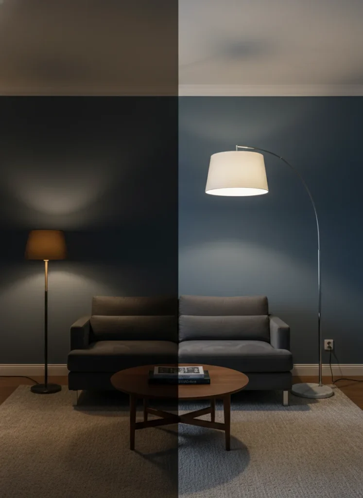  Side-by-side comparison in a small dark living room: left side shows a short 4-foot floor lamp creating a low pool of light at eye level that makes the ceiling disappear and the room look cave-like. Right side shows a tall 6-foot arc floor lamp illuminating the upper half of the room, making the ceiling feel higher and the space feel larger. Editorial style interior photography.