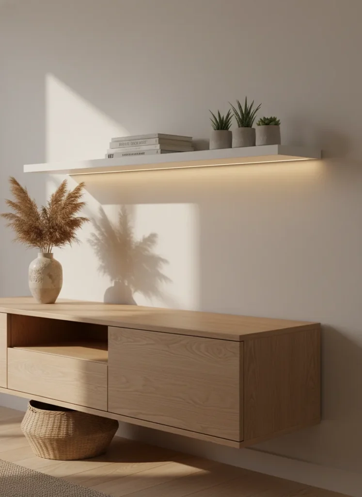 Close-up of warm LED strip lights installed underneath a white floating shelf in a small living room. The strips cast a soft golden glow downward, creating a floating effect that makes the shelf and furniture below appear lighter. Books and small plants on the shelf. Warm amber tones, editorial interior photography.