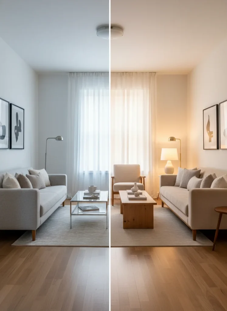 Two adjacent small living rooms painted side by side for comparison: left wall is a cool stark white that reads slightly blue-gray under warm artificial lamp light, feeling cold and clinical. Right wall is a warm white like Benjamin Moore White Dove, glowing honeyed and golden under the same warm lamp. Editorial comparison interior photography.