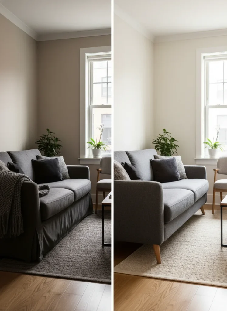 A small living room comparison: left side shows a skirted sofa that reaches the floor, visually heavy and making the room feel darker and smaller. Right side shows an identical room with a sofa on slim tapered legs showing 5 inches of floor clearance underneath. The right side looks more open, airier, and lighter. Warm interior photography editorial style.
