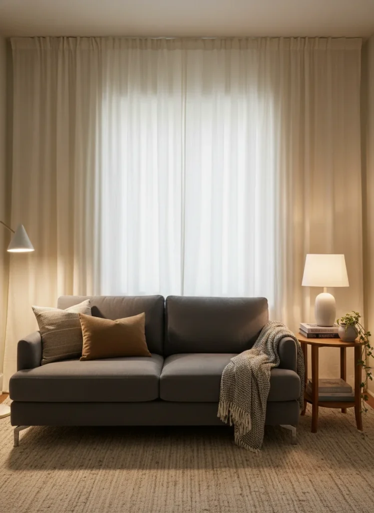  A small dark living room with no windows featuring floor-to-ceiling cream linen curtains hung on a rod mounted close to the ceiling on a blank wall. The curtains create the illusion of a window behind them and add significant height to the room. Warm lamplight catches the fabric. Styled sofa and side table in foreground. Editorial interior photography.