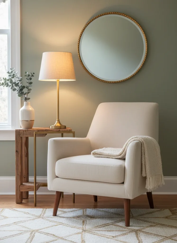 A styled small living room vignette featuring intentional brass and gold metallic accents: a brass table lamp base, a gold-framed mirror, a gold-rimmed ceramic vase, and a slim brass side table. The warm lamplight catches each metallic surface and scatters warm reflections throughout the room. Cozy editorial interior photography.