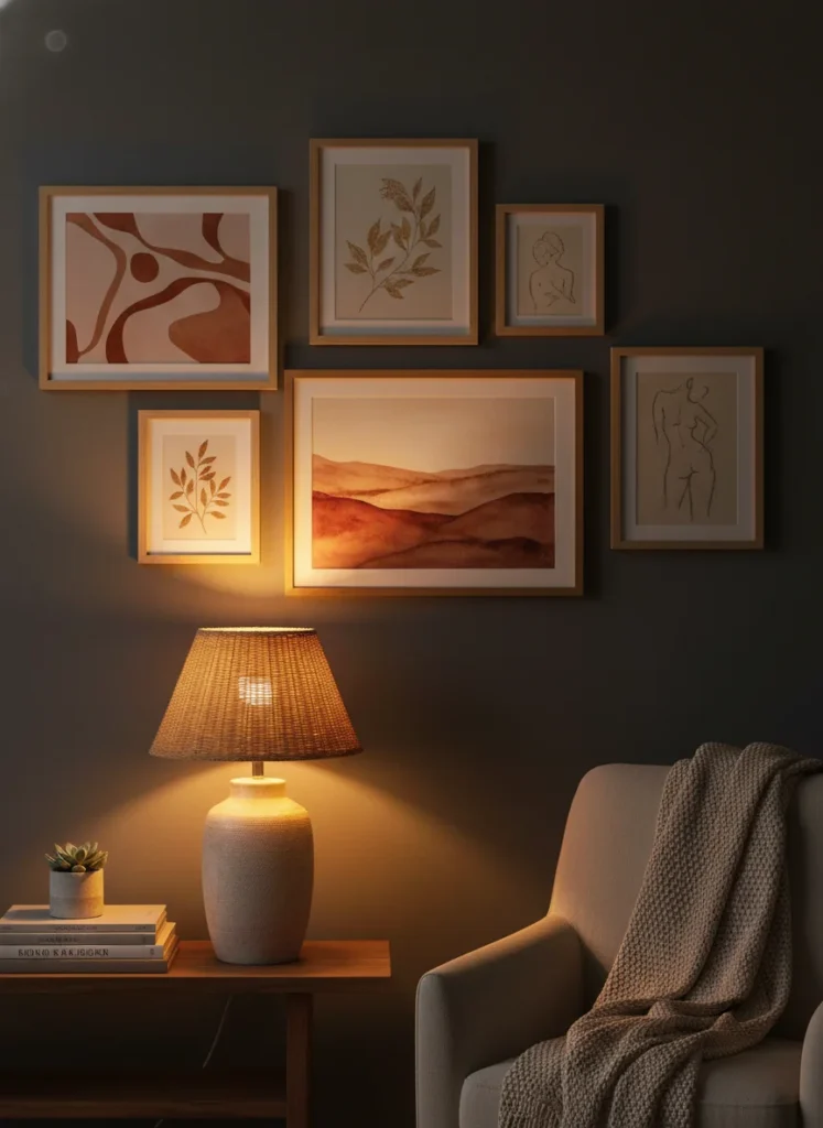 A gallery wall in a small dark living room featuring warm-toned art prints: terracotta abstract shapes, ochre botanical illustrations, sienna landscape watercolors, and cream-toned figure drawings. The warm colors in the art reinforce the warmth of the 2700K lamp below. Editorial interior wall art photography.