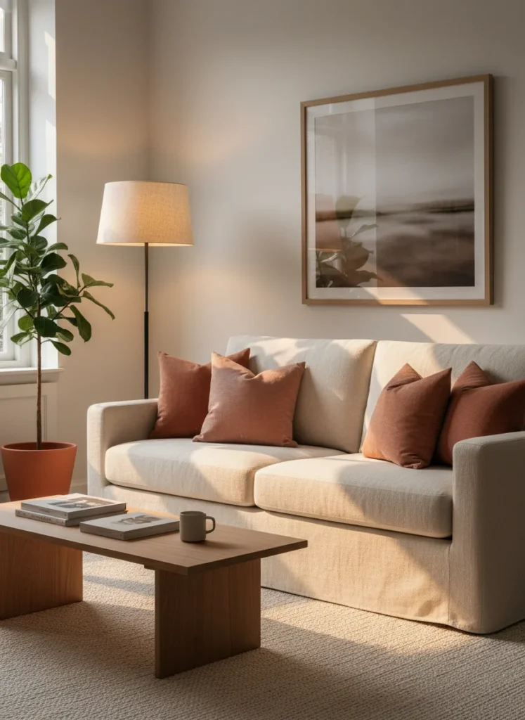 A small living room with a cream-colored linen sofa as the centerpiece. Warm 2700K lamp light falls across the sofa fabric, which reflects the warmth rather than absorbing it. Warm-toned throw pillows in terracotta and dusty rose. Light beige rug. Contrast image shows a dark charcoal sofa in the same room looking heavy and light-absorbing. Editorial interior photography.