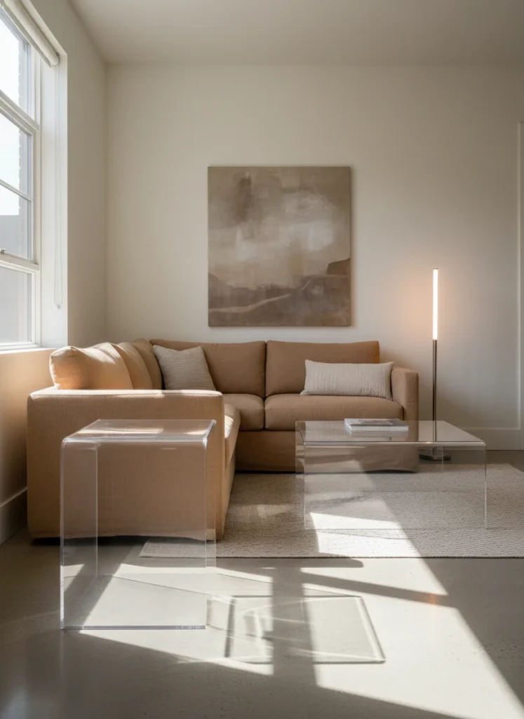 A small living room where a clear acrylic side table and glass coffee table allow light to pass through and around them rather than blocking it. The furniture is barely visible from certain angles, making the room feel more open. Warm linen sofa in background, warm floor lamp, editorial interior photography.