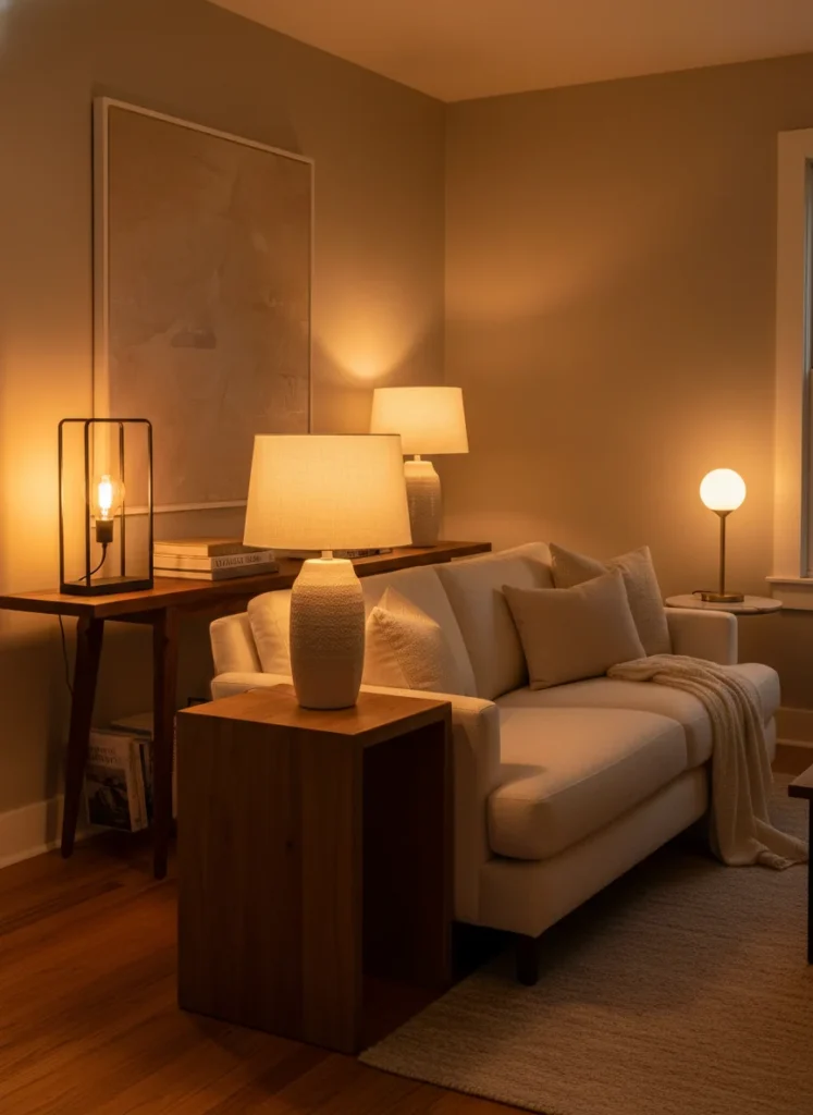  A small living room with three warm table lamps: one on the main sofa side table, one on a small accent table at the other end of the sofa, and one on a console against the far wall. All three lamps are on simultaneously with 2700K bulbs, eliminating shadow pockets between them. The room is evenly warm and glowing with no dark corners. Editorial interior photography.