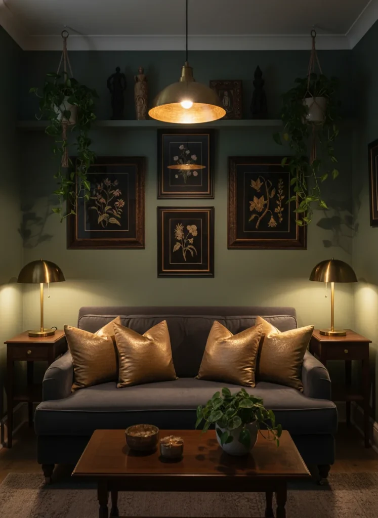 A deliberately moody small living room with no windows. Deep sage green walls, a charcoal velvet sofa with warm brass throw pillows, warm brass pendant lamp and table lamps casting golden light, richly framed dark artwork, and lush trailing plants. The darkness is intentional and sophisticated rather than depressing. Cozy editorial interior photography.