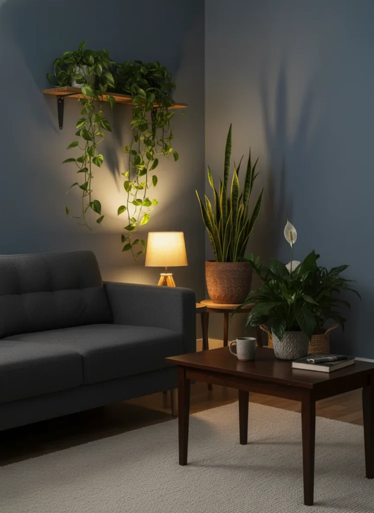 A small dark living room styled with four low-light plants: a large pothos trailing from a shelf, a tall snake plant in a terracotta pot in the corner, a ZZ plant on the coffee table, and a peace lily near the sofa. All plants look healthy and lush despite the absence of natural light. Warm lamplight illuminates the greenery. Editorial interior photography.