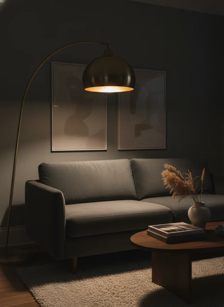 A small dark living room where the visual focal point is a dramatic statement arc floor lamp with a warm gold interior shade arching over the sofa. The lamp is the star of the room — its warm amber glow pools over the sofa and rug, creating a dramatic central spotlight effect. No windows. The lamp functions as both light source and design centerpiece. Editorial interior photography.