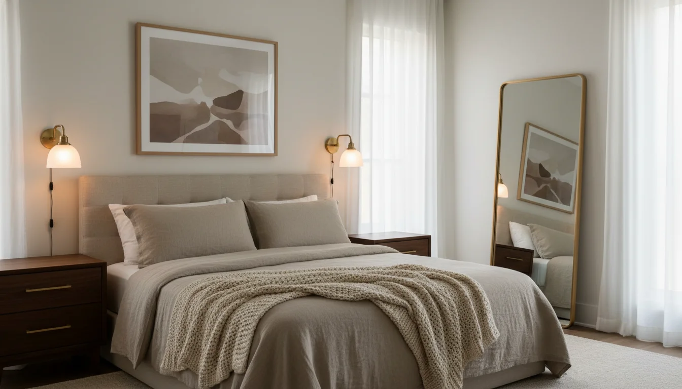 A serene, hotel-quality bedroom styled in warm neutral tones. Stone-colored linen bedding neatly layered with a chunky knit throw at the foot of the bed. Plug-in wall sconces casting warm amber light on either side of a low upholstered headboard. A single large framed art print above the bed. Brass hardware on nightstand drawers. One large floor mirror in a simple thin frame. Clean negative space. Moody editorial interior photography, natural afternoon light filtering through sheer curtains.