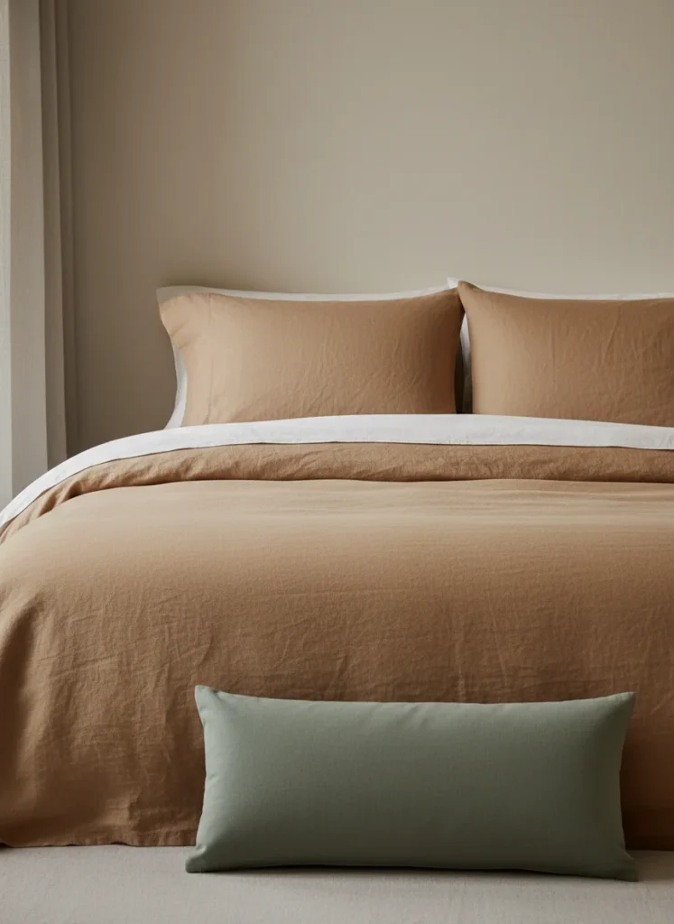 Close-up of a neatly made bed with warm stone-toned linen bedding. Natural wrinkled texture of linen visible across the duvet cover and pillowcases. Soft afternoon light from a window to the left. Sage green lumbar pillow in front. Warm neutral color palette: flax, oat, and sand tones. Editorial interior photography, shallow depth of field on the fabric texture.
