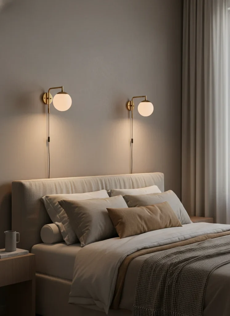 A bedroom wall with two matching plug-in wall sconces mounted symmetrically on either side of a bed with an upholstered linen headboard. Sconces casting warm amber downward light against a warm greige wall. No overhead light. The bed is styled with warm neutral linen. Moody, intimate, hotel-like atmosphere. Editorial interior photography, early evening ambiance.