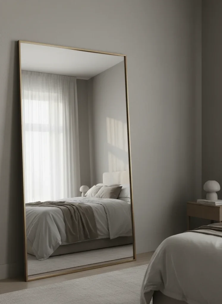 A large rectangular mirror with a thin simple brass-toned frame leaning against a warm greige bedroom wall. The mirror reflects the bed with linen bedding and a window with sheer curtains. Warm natural light. Minimalist, uncluttered room. The mirror makes the room feel significantly larger. Editorial interior photography, wide shot showing room depth.