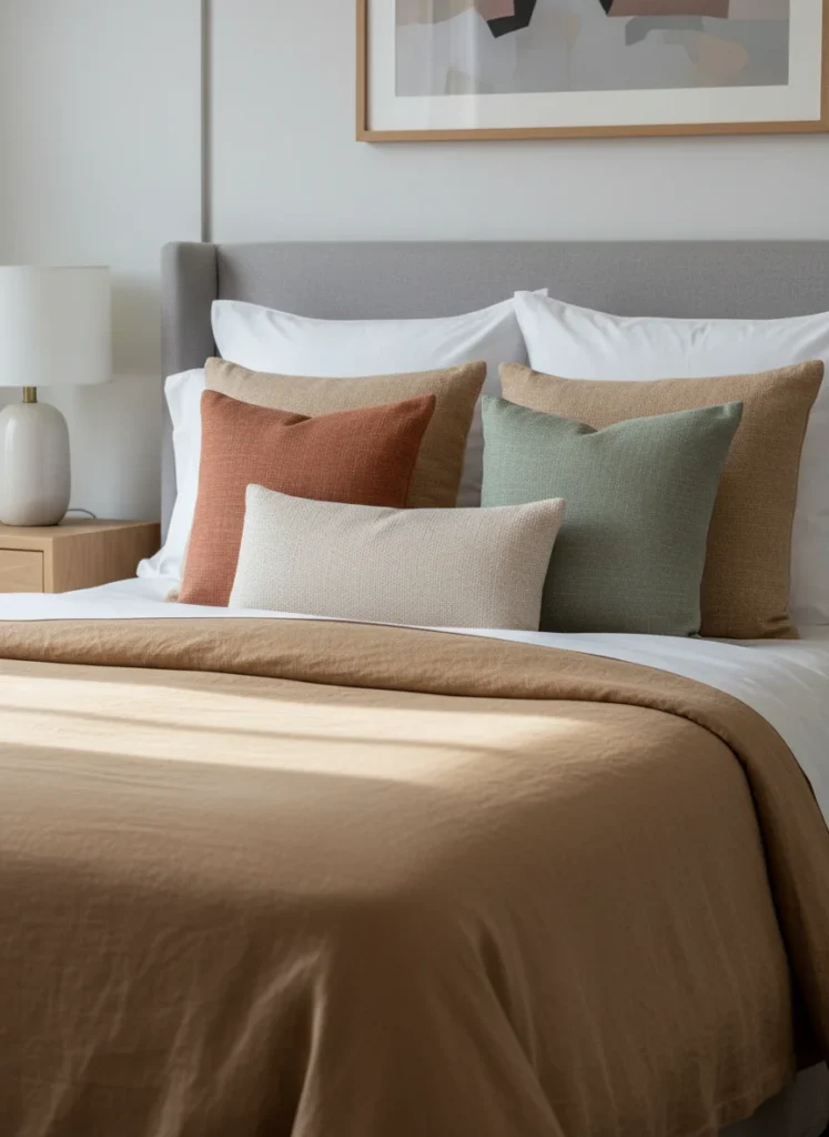 A neatly made hotel-style bed with layered neutral throw pillows. Two large sleeping pillows in white linen cases at the back, two euro shams in warm oat-colored covers, two standard decorative pillows in muted terracotta and sage green, one small rectangular lumbar pillow in a subtle textured cream fabric. Bed with warm stone-colored linen duvet. Editorial interior photography, clean and serene.
